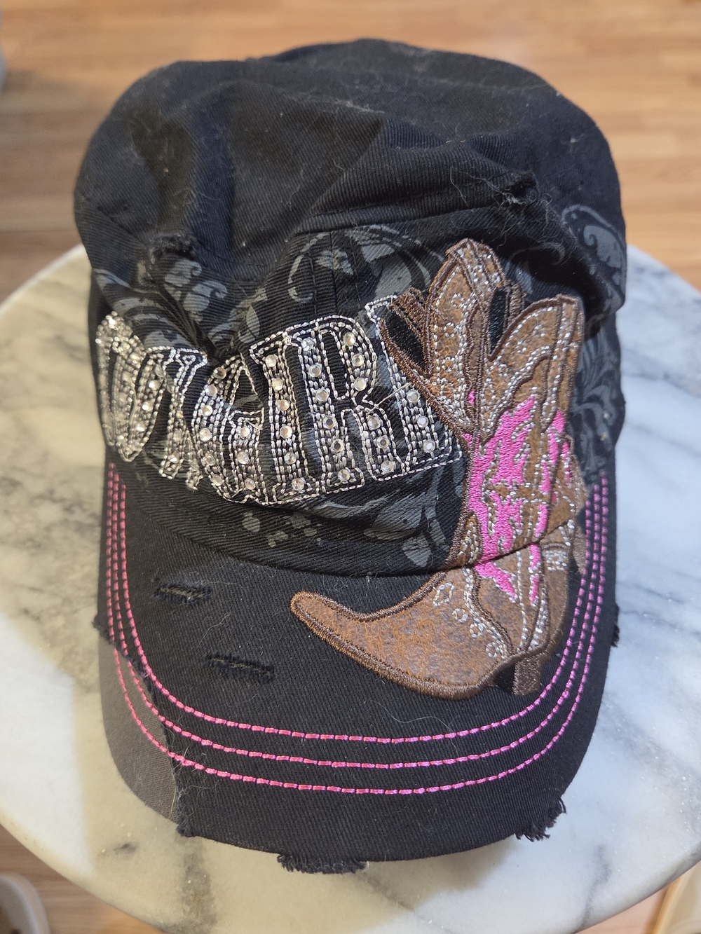 Distressed Embroidered Cowgirl Military Cadet Cap with Pink Accents